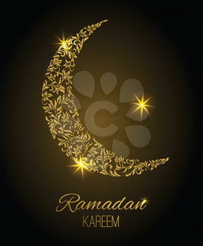 Card for the holiday Ramadan Kareem. Crescent from a floral ornament with gold glitter