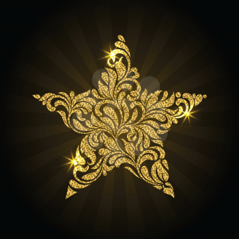 Vector illustration of golden star with rays and sparkle on a black background. Star created from abstract flower ornament