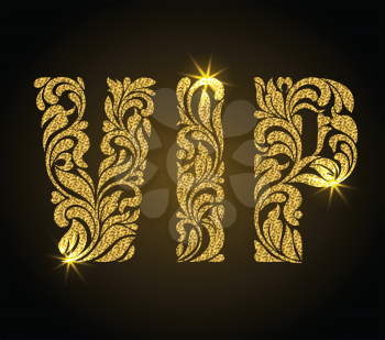 VIP inscription of floral decorative pattern. Letters with gold glitter on a black background.