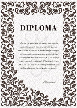 Template for diploma with ornate frame. Frame decorated twisted branches with oak leaves and acorns.