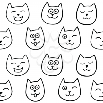 Seamless pattern with cute cats on a white background.