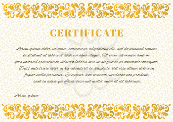 Template for Certificate with vegetal background and ornate frame. Frame decorated twisted branches with oak leaves and acorns.