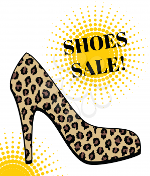 Poster for the sale of footwear. High-heeled shoes with leopard print
