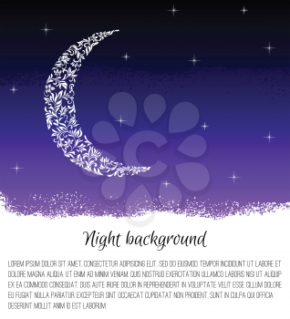 Night background with the moon and stars. Month made of floral tracery. There is a place for text.