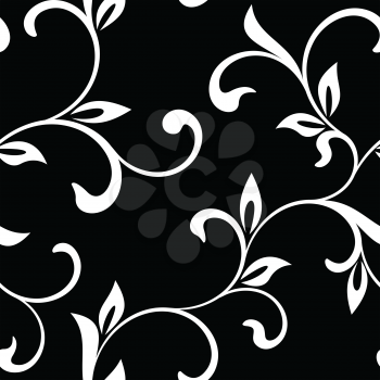 Elegant seamless pattern. Tracery of twisted stalks with decorative leaves on a black background. Vintage style. The pattern can be used for printing on textiles, wallpaper, packaging