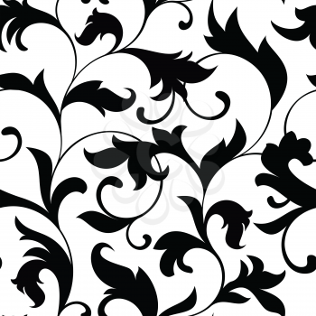 Classic seamless pattern. Tracery of twisted stalks  with decorative leaves on a white background. Vintage style