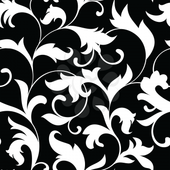 Classic seamless pattern. Tracery of twisted stalks with decorative leaves on a black background. Vintage style