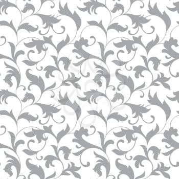 Classic seamless pattern. Tracery of twisted stalks with decorative leaves on a white background. Vintage style