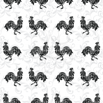 Seamless pattern with roosters made of floral ornament. Black cocks isolated on a white background.