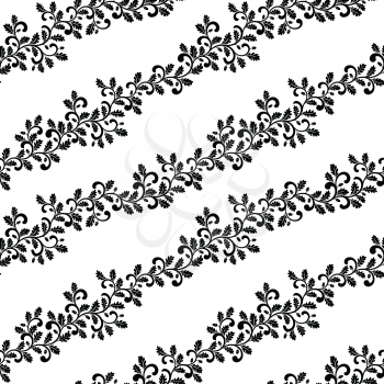 Seamless pattern. Diagonal twisted branches with oak leaves isolated on a white background
