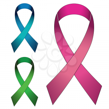 Ribbons with a loop pink, blue and green colors isolated on white background