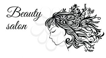 The template for the female beauty salon. Shows a profile of a girl with hair made of flowers. It can be used for advertising, business cards, decorations
