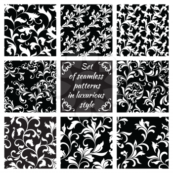 collection of luxurious seamless patterns. White floral tracery on a black background. Vintage style. It can be used for printing on fabric, wallpaper, wrapping, Web design.