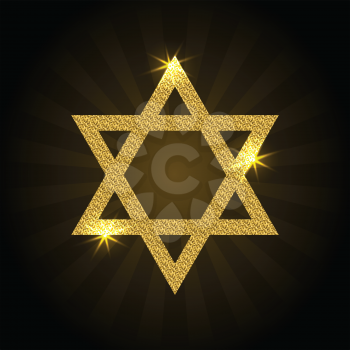 Vector illustration of golden Magen David with rays and sparkle. Star of David on a black background