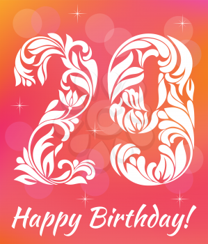 Bright Greeting card Template. Celebrating 29 years birthday. Decorative Font with swirls and floral elements.