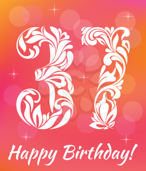 Bright Greeting card Template. Celebrating 37 years birthday. Decorative Font with swirls and floral elements.