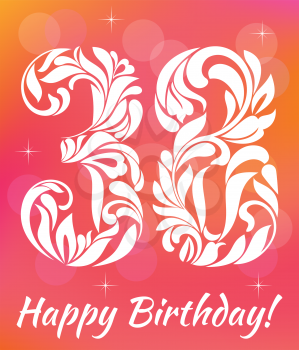 Bright Greeting card Template. Celebrating 38 years birthday. Decorative Font with swirls and floral elements.