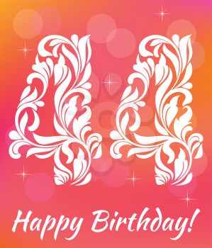 Bright Greeting card Template. Celebrating 44 years birthday. Decorative Font with swirls and floral elements.