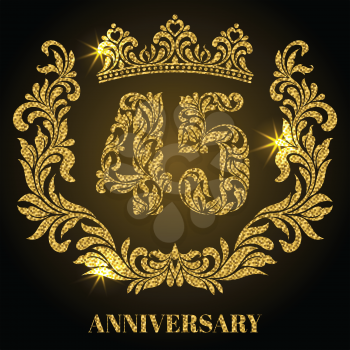 Anniversary of 45 years. Digits, frame and crown made in swirls and floral elements with gold glitter and sparkle