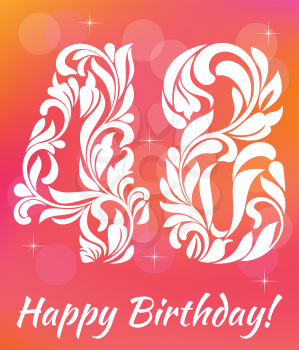 Bright Greeting card Template. Celebrating 48 years birthday. Decorative Font with swirls and floral elements.