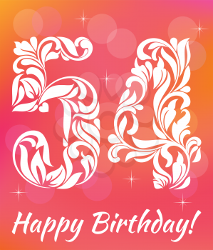 Bright Greeting card Template. Celebrating 54 years birthday. Decorative Font with swirls and floral elements.