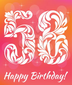 Bright Greeting card Template. Celebrating 58 years birthday. Decorative Font with swirls and floral elements.