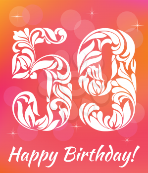 Bright Greeting card Template. Celebrating 59 years birthday. Decorative Font with swirls and floral elements.