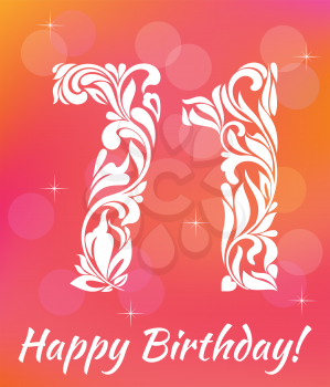 Bright Greeting card Template. Celebrating 71 years birthday. Decorative Font with swirls and floral elements.