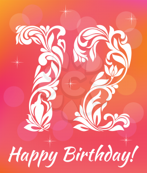 Bright Greeting card Template. Celebrating 72 years birthday. Decorative Font with swirls and floral elements.
