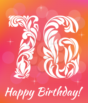 Bright Greeting card Template. Celebrating 76 years birthday. Decorative Font with swirls and floral elements.