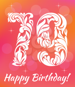 Bright Greeting card Template. Celebrating 79 years birthday. Decorative Font with swirls and floral elements.