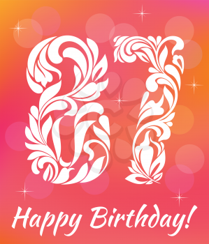 Bright Greeting card Template. Celebrating 87 years birthday. Decorative Font with swirls and floral elements.