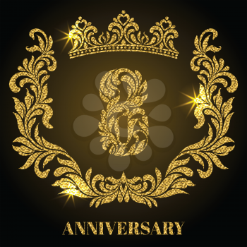 Anniversary of 8 years. Digits, frame and crown made in swirls and floral elements with gold glitter and sparkle
