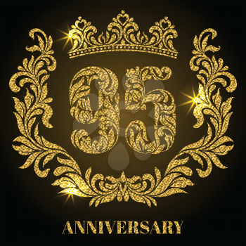 Anniversary of 95 years. Digits, frame and crown made in swirls and floral elements with gold glitter and sparkle