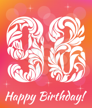 Bright Greeting card Template. Celebrating 98 years birthday. Decorative Font with swirls and floral elements.