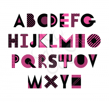 Trendy geometric font. Abstract alphabet in memphis style. Type letters 80s - 90s style. Abc isolated on a white background.