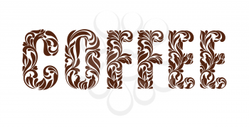 Word COFFEE. Decorative Font made of swirls and floral elements isolated on a white background