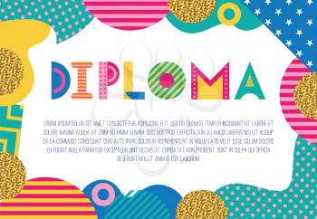 DIPLOMA. Trendy geometric font in memphis style of 80s-90s. Rectangular frame from abstract geometric elements