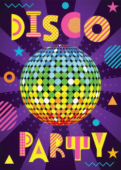 Banner for a Disco party in the retro style. Trendy geometric font in memphis style of 80s-90s. Disco Ball with rays