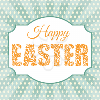 Happy Easter. Decorative Font with swirls and floral elements on a background with rays and eggs.