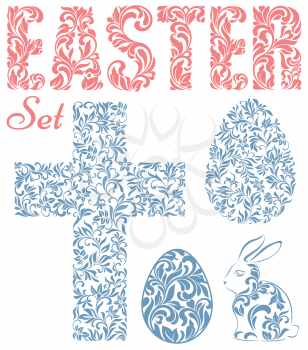 Easter set. Word EASTER, Easter eggs, rabbit and cross  made of swirls and floral elements isolated on a white background