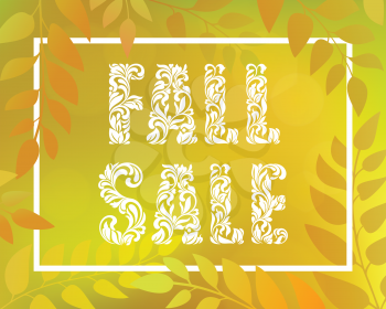 Inscription FALL SALE. Autumnal gradient backdrop with foliage and rectangular frame. Yellow horizontal blurred background with bokeh.  