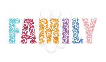 Word FAMILY. Decorative Font with swirls and floral elements isolated on a white background