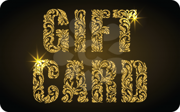 GIFT CARD. The inscription created from a floral ornament. Letters with gold glitter and sparks on a black background.