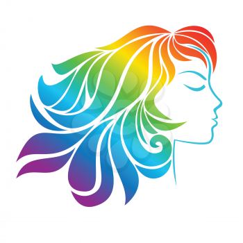 Profile of young girl with colorful hair isolated on a white background. Hair colored with rainbow colors.