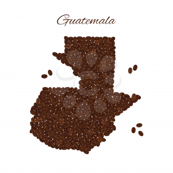 Map of Guatemala created from coffee beans isolated on a white background.