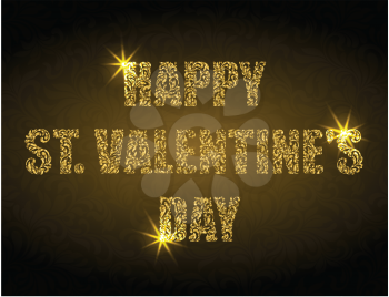 HAPPY ST. VALENTINES DAY. Decorative Font made of swirls and floral elements with gold glitter and sparks