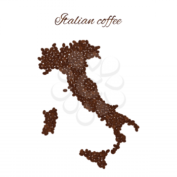 Italian coffee. Map of Italy created from coffee beans isolated on a white background.