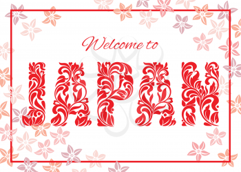 Inscription Welcome to JAPAN. Decorative font made in swirls and floral elements isolated on a white background. Background is decorated with pink flowers