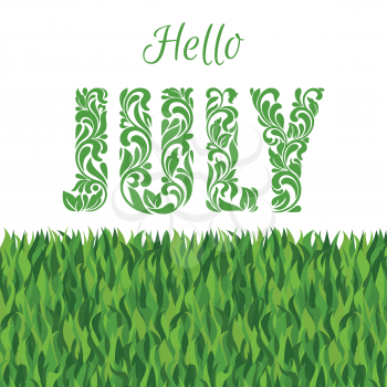 Hello JULY. Decorative Font made in swirls and floral elements isolated on a white background with grass.
